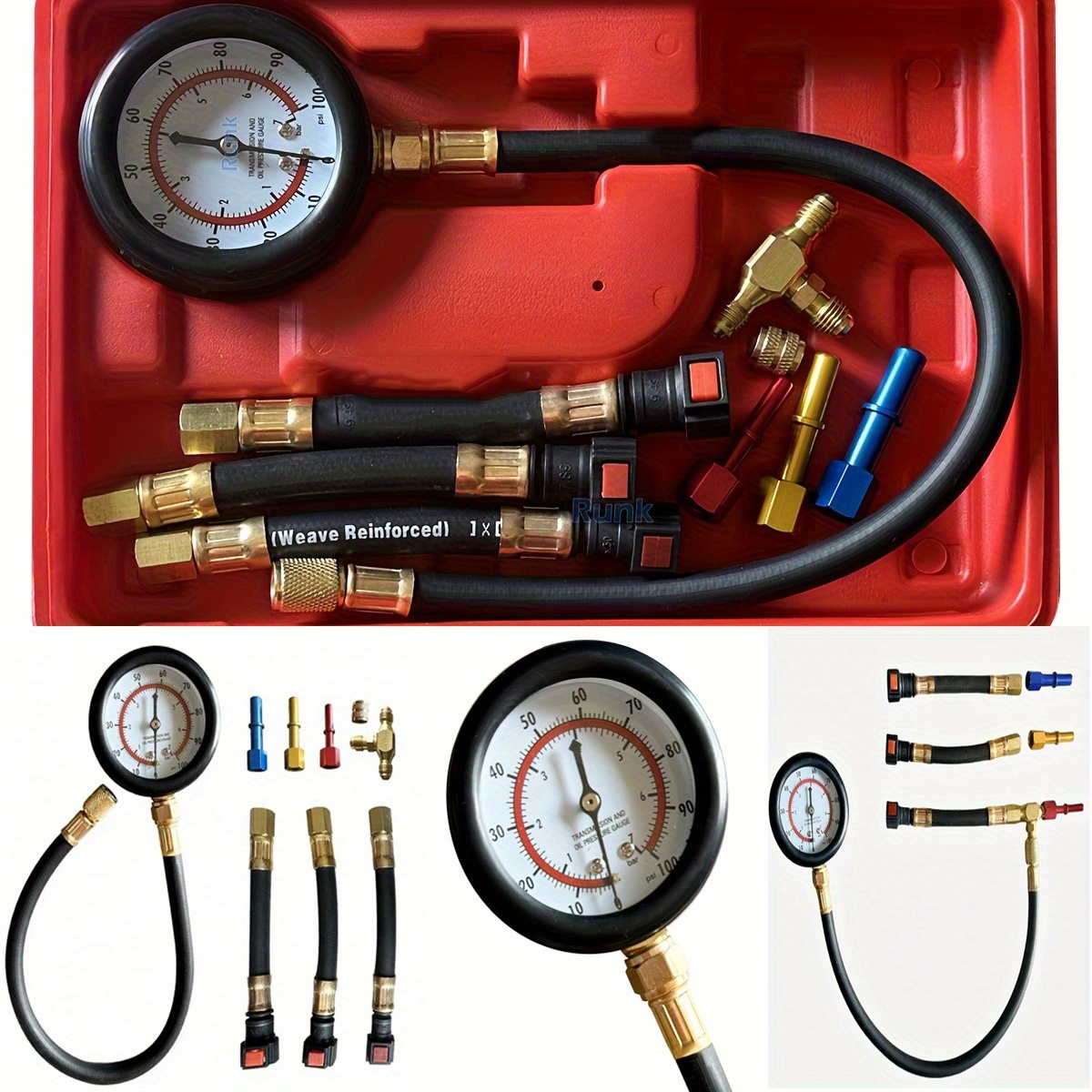 E-shop Universal Kraftstoffdruckprüfer Kit, 0-100PSI, 3-Größen Adapter, Isoliermaterial, Mehrere Anschlussmethoden, Kraftstoffpumpe und Einspritzpumpen