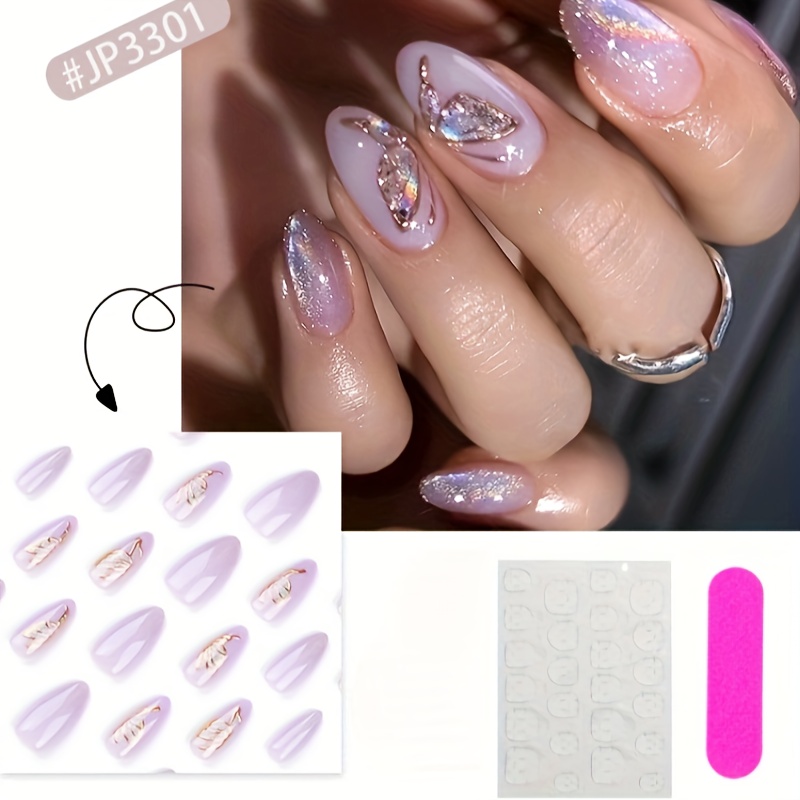 

24pcs Glossy Medium Fake Nails, Purple Gradient Press On Nails With Golden , Sweet Cool False Nails For Women Girls