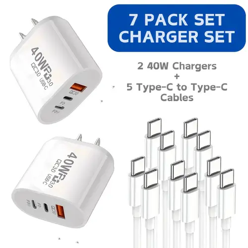 7pcs 2 40w charger 5 cable type c 40w usb c wall charger dual port pd qc 3 0 power adapter to 3 devices simultaneously charging block compatible