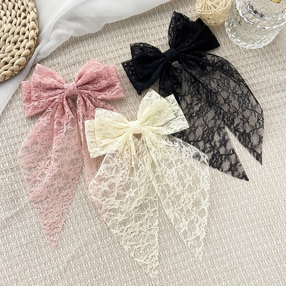 

3pcs Vintage Style Hollow Lace Bow Hair Clips Set, Cute Solid Color Fabric Bow Tie Hair Accessories For Women, , Travel, Photography, Christmas Hair Decor