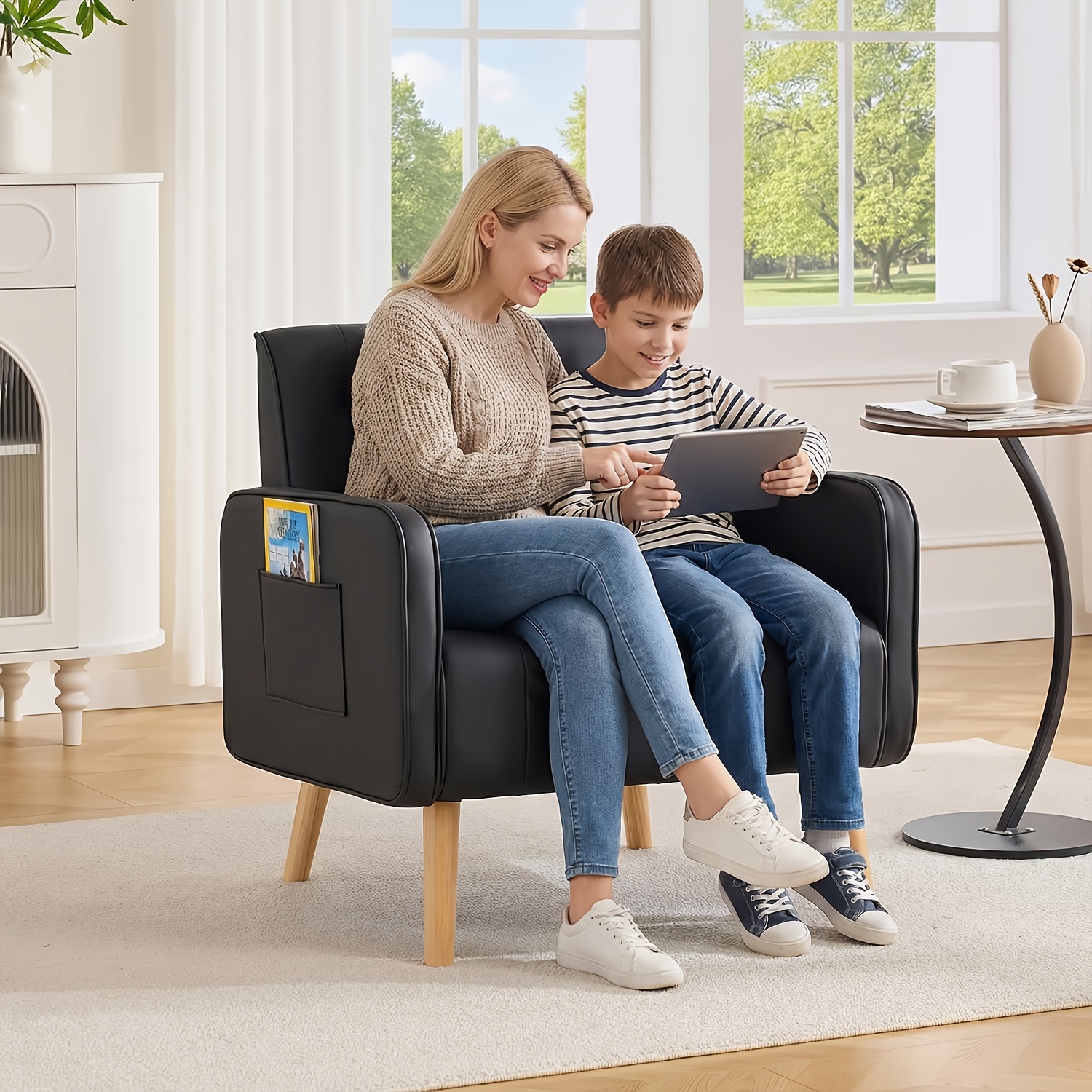 Armchair, Faux Leather Decorative Chair, Mid-Century Modern Tufted Lounge Chair with Wooden Legs And Pockets, Comfortable Kids' Chair, Reading Chair for Living Room, Waiting Room, Bedroom, Room, Cozy Reception Armchair