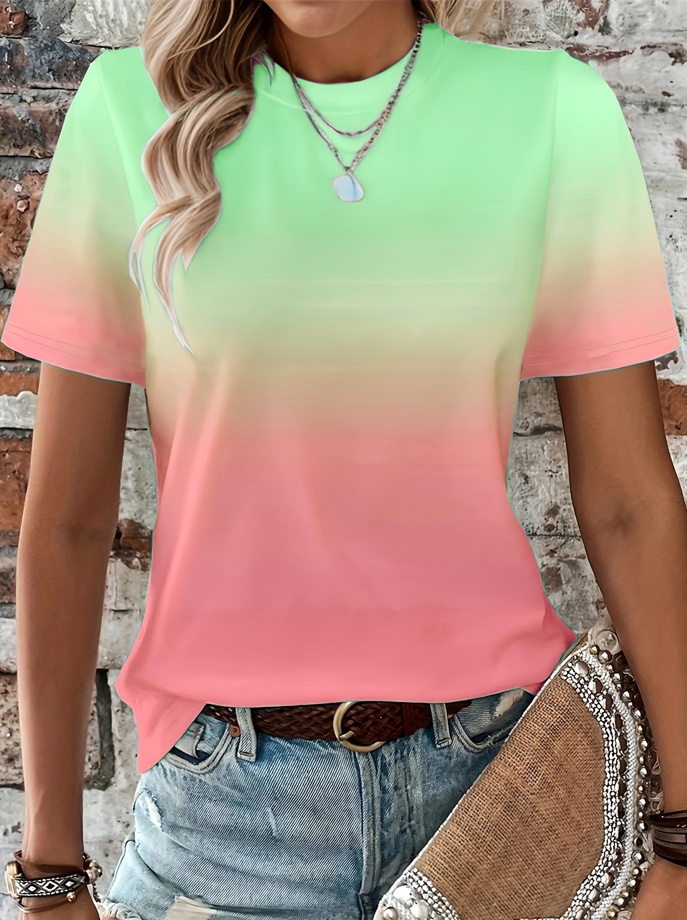 Gradient Crew Neck T-shirt, Short Sleeve Casual Top For Spring & Summer, Women's Clothing