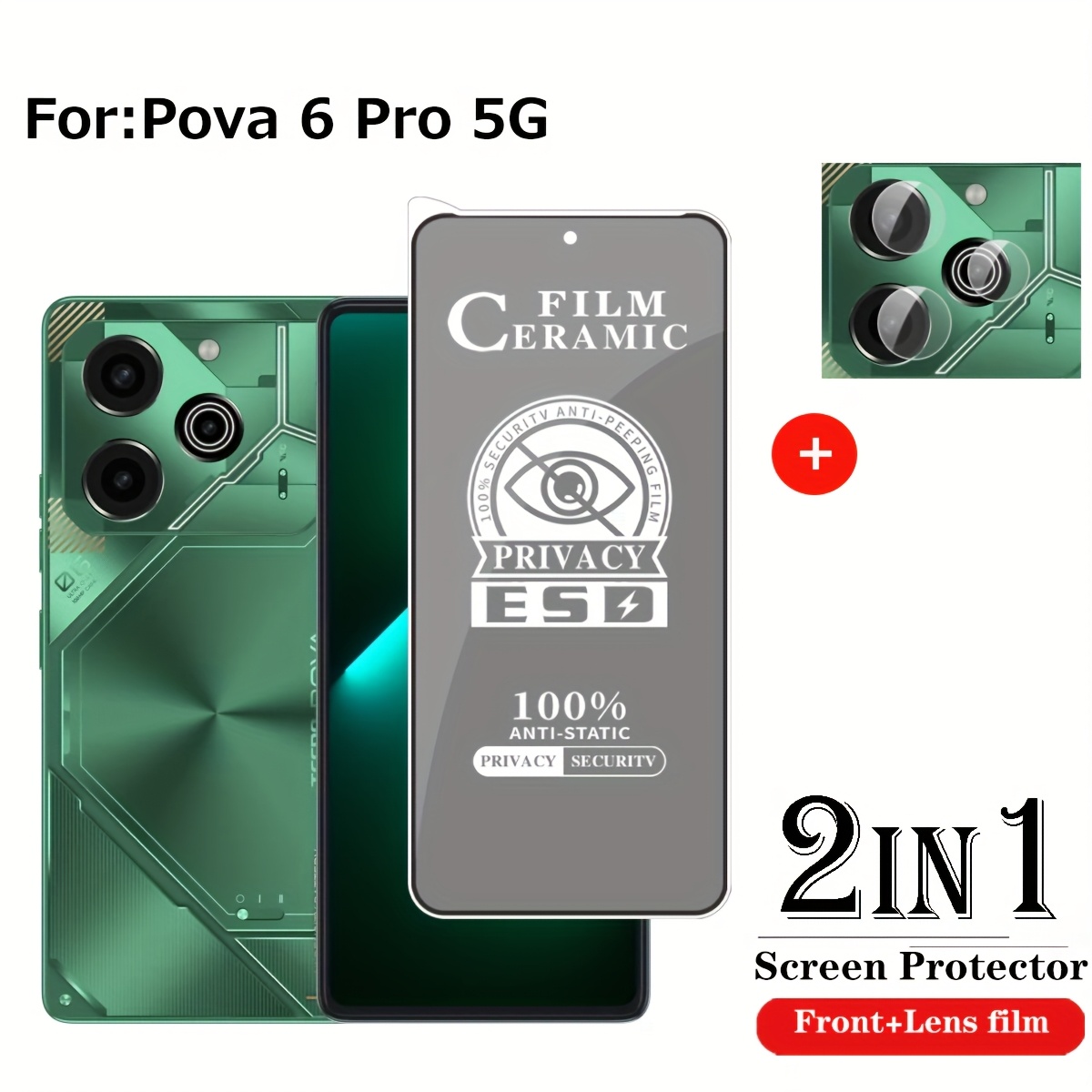 TEMU Adecuado para Tecno Pova 6 Pro 5G, Funda Protectora de Privacidad con Cerámica y Vidrio Templado + Película Protectora para Lente, Anti-Espía,