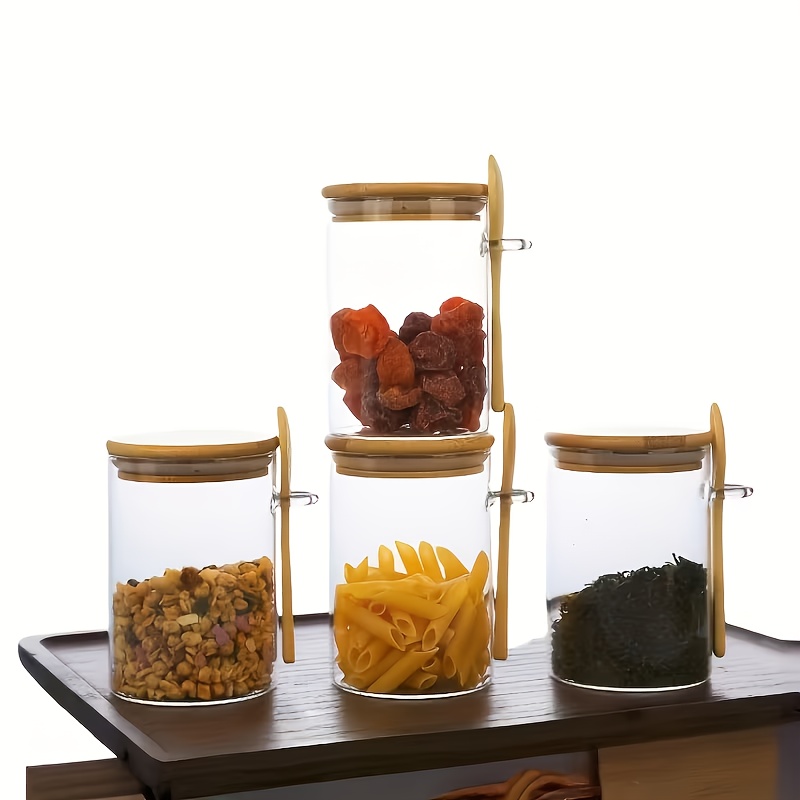 Image of 12pcs Storage Set, Including 4pcs Storage Jars And 4pcs Jar Lids And 4pcs Spoons, With Bamboo Wood Lids And Bamboo Wood Spoons - Hinged Sealed Jars, Suitable For Coffee Beans, Grains, And