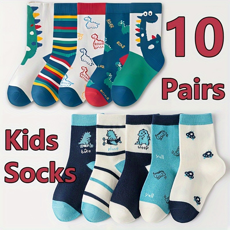 10 Pairs Of Boy's Adorable Cartoon Dinosaur Pattern Crew Socks, Comfy Breathable Casual Soft Socks