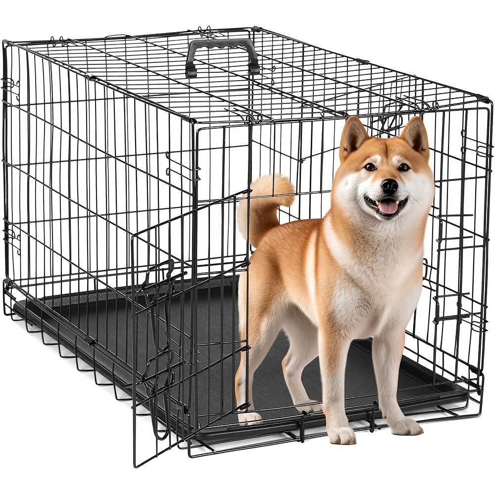 TEMU Simple Deluxe 30-inch Medium Dog Crate With Divider, Double Door Folding Metal Wire Cage With Leak-proof Plastic Tray, Portable Pet Kennel For Indoor, Outdoor, And Travel