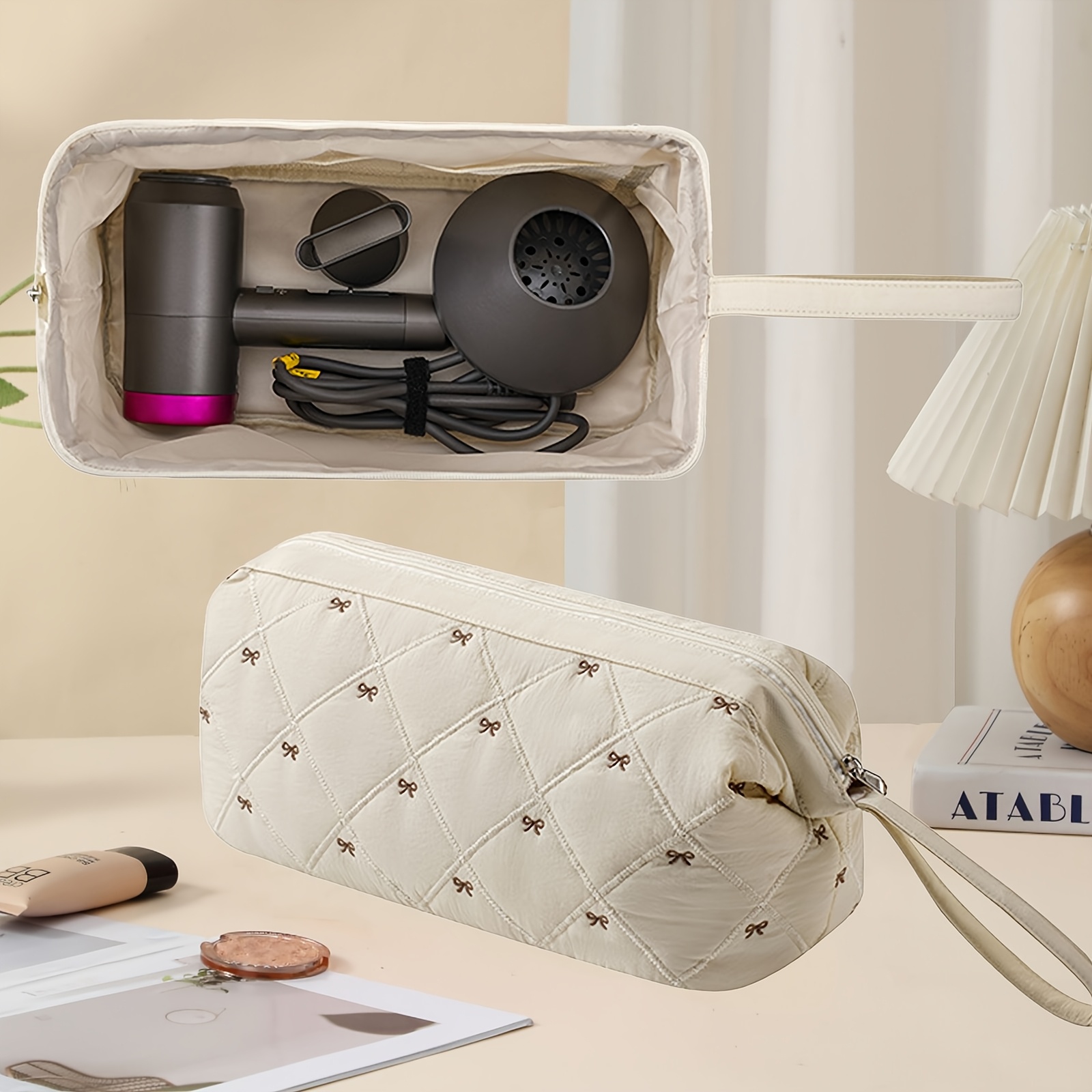 TEMU Large Capacity Hair Dryer & Styler Storage Bag Compatible For Curling Iron/straightener - Quilted Travel Case With Mesh Pocket, Lightweight