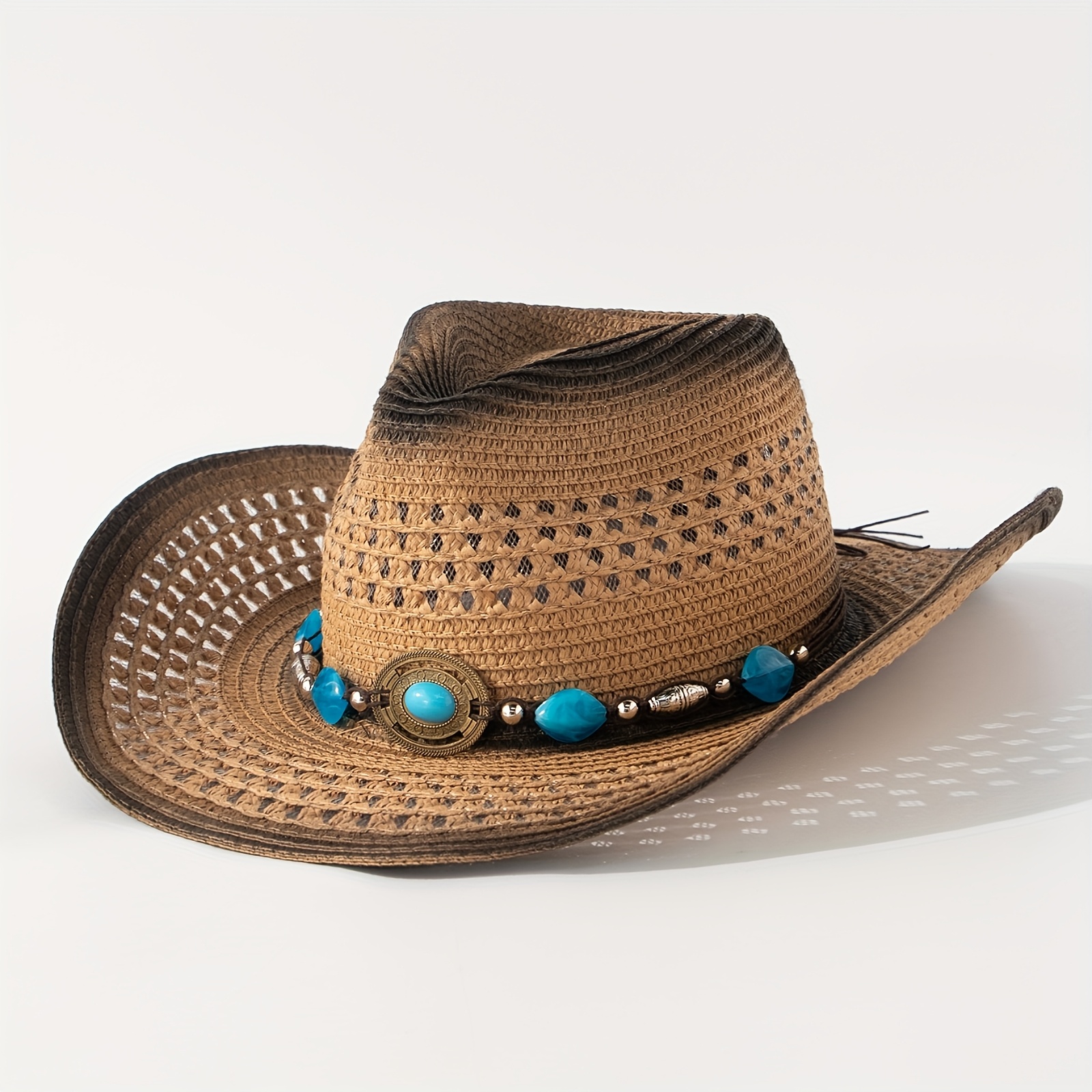 Straw Cowboy Hat with Turquoise Accent - Brown Marie Western Paper Braid Cowboy Hat with Decorative  main image 2