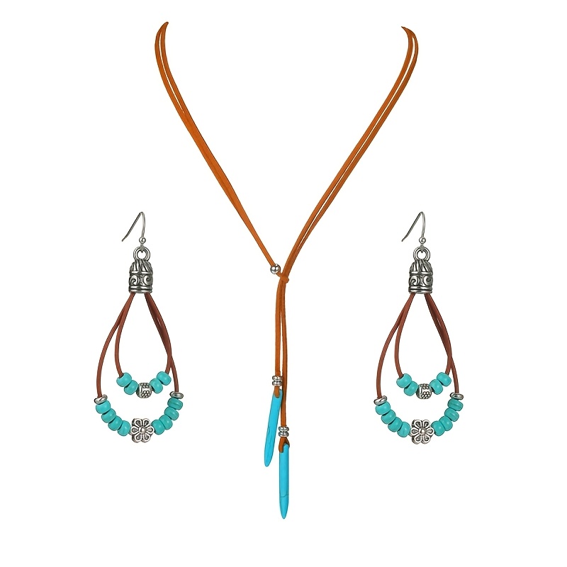 TEMU 3pcs Bohemian Turquoise Beaded Double Ring Earrings With Adjustable Necklace Set For Women - & Green Tassel Design, Casual Attire Or Gifting,