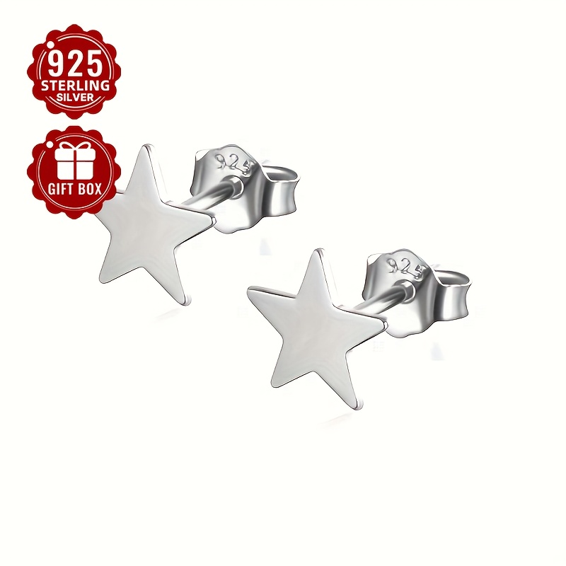 

. 0.3-0.6g 2pcs 925 Sterling Silvery Fashionable Five-pointed Star Earrings For Women, A Gift For