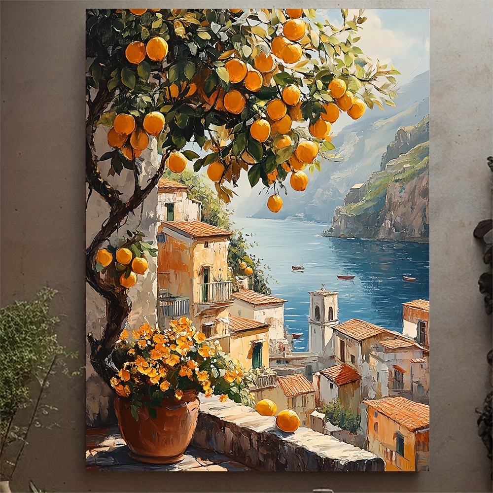 TEMU 1pc 12x16 Inch Framed Lemon Tree & Cityscape Watercolor Art Print - Amalfi Italy Wall Decor With Recycled Wood Frame, Vibrant Mediterranean