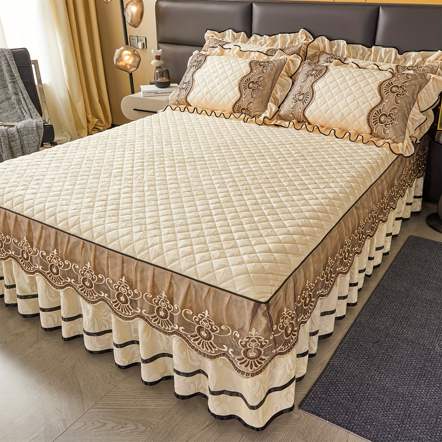 Image of 1pc Autumn Winter Thickened Heart And 3d Lace Bed Skirt: 1pc Bed Skirt, , Lace Decor, Fashionable And Elegant, Moisture Wicking And Breathable, Wrinkle-free Silent