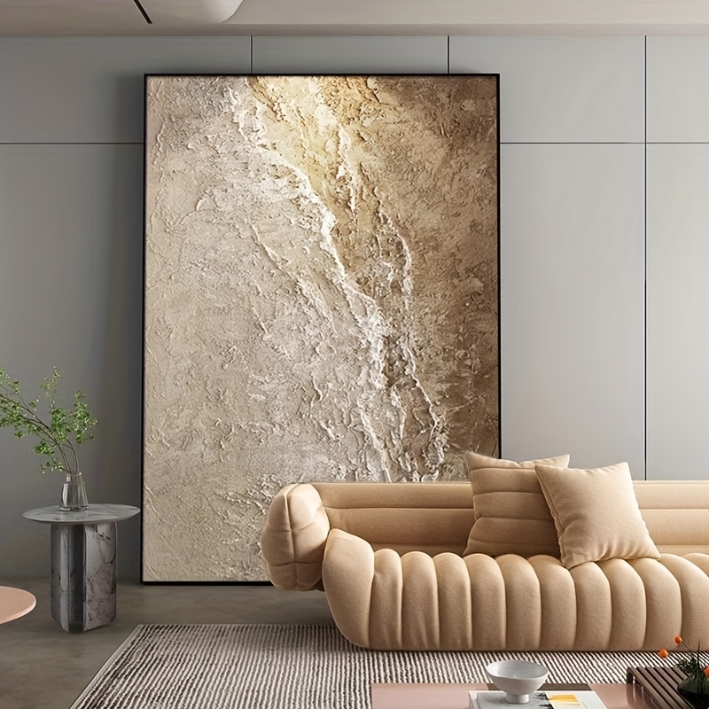 Hand-Painted Abstract Ocean Waves Textured Canvas Wall Art - Khaki & White Frameless Modern Decor for Living Room, Office, Cafe, Bar, Beachy Room Decor, Office Artwork, Earth Tone Painting