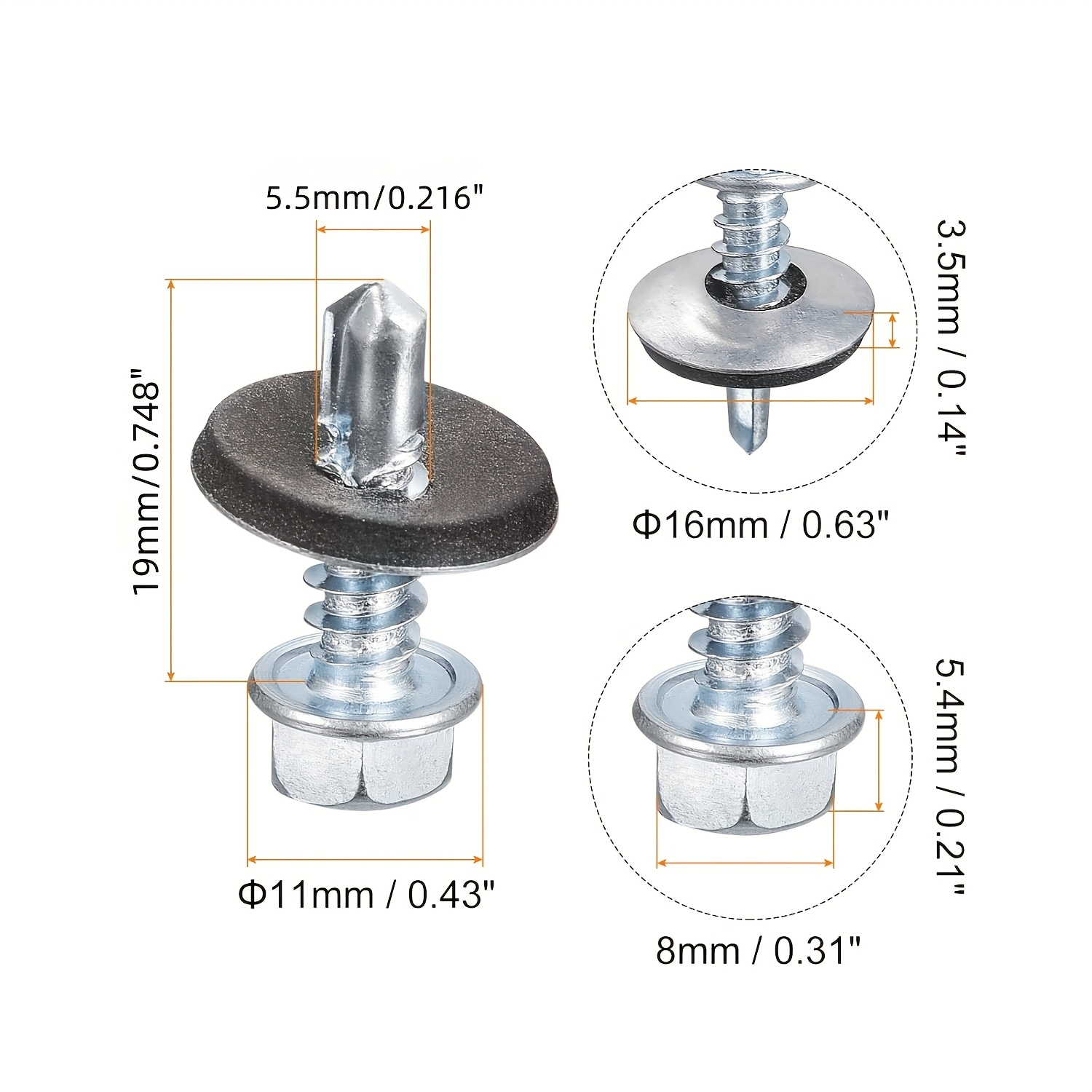 Image of 50pcs/100pcs/200pcs Heavy-duty Waterproof Rust-resistant Self-tapping Screws - 4.8mm X 19mm/5.5mm X 25mm/6.3mm X 25mm, Galvanized Hex Head With Drive