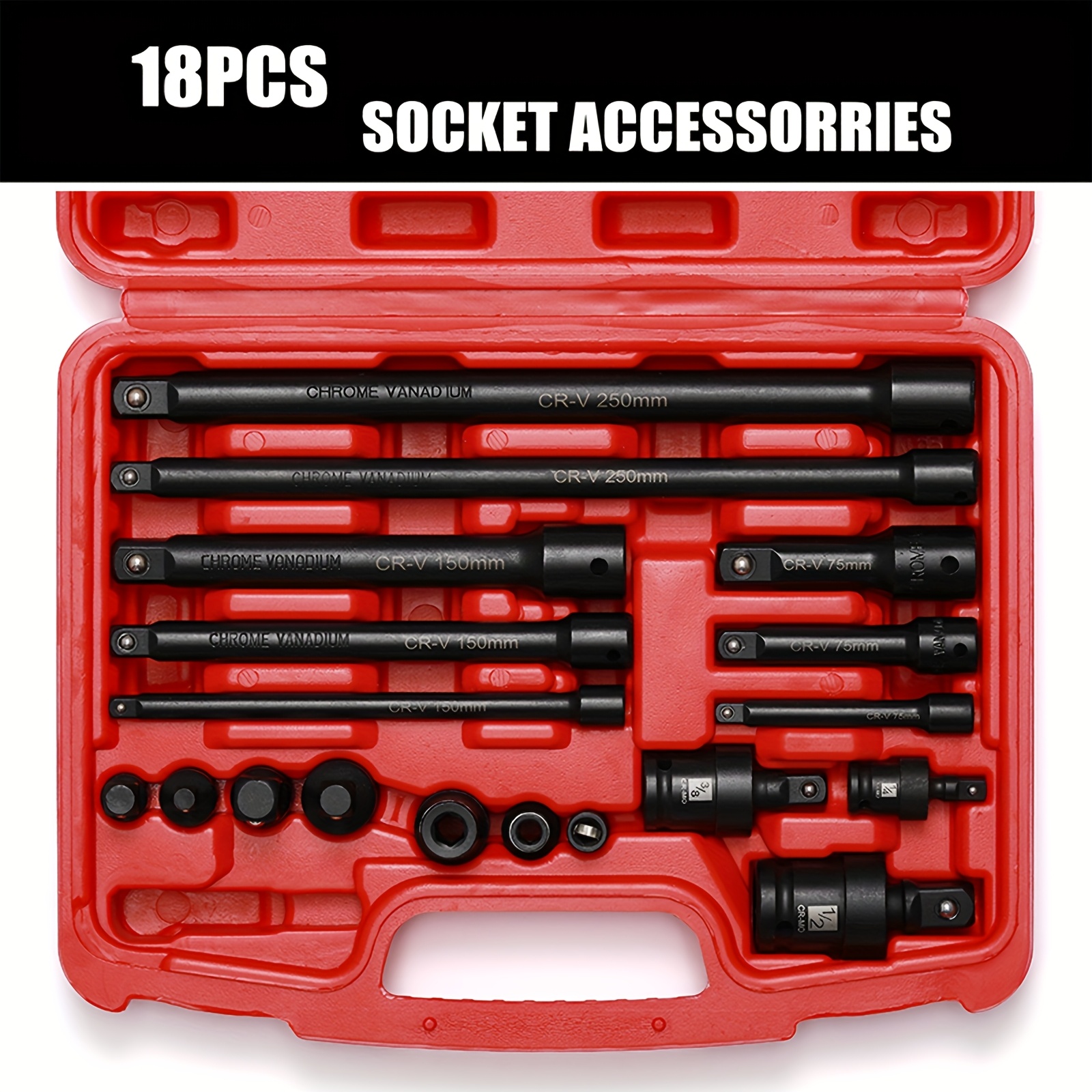 18pcs Drive Socket Accessory Kit | Swivel Universal Joint | 1/4", 3/8", 1/2" Drive Socket