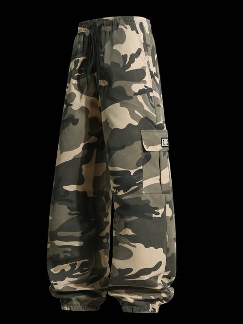 imagen del artículo pantalones tácticos de carga para hombre, estampado de camuflaje, con bolsillos multifuncionales y cintura con cordón, tela no elástica, lavables a máquina - regular, adecuados para senderismo y ropa casual de exterior. pantalones de senderismo | diseño de bolsillo , equipo