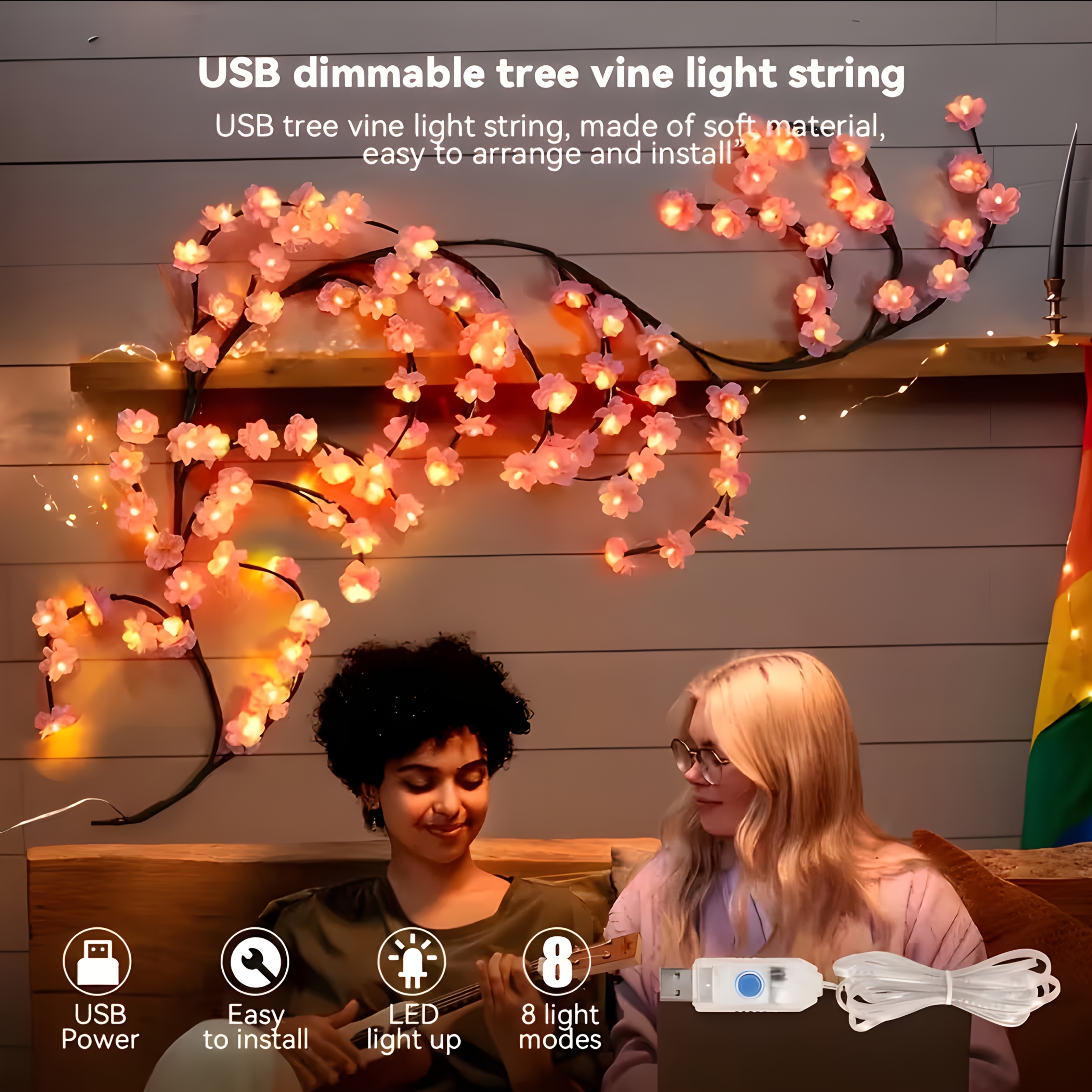 Indoor String Lights 96/144LED Cherry Blossom Willow Vine Branch Decorative Wreath, USB Power Supply, 8 Lighting Modes, Festive Party Decoration for New Year's Day, Valentine's Day, Easter, Thanksgiving, Etc., A Gift for Mom