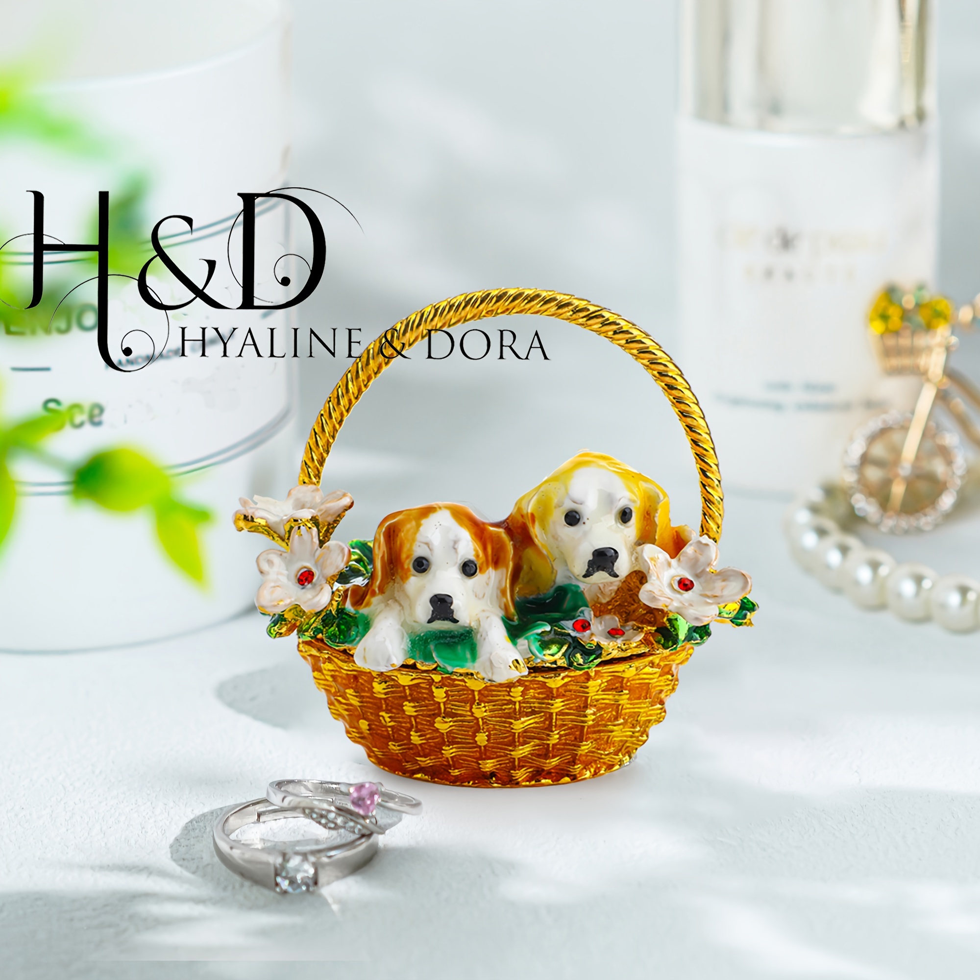 

H&d & Enameled Organizer Collectible Dog Figurine Jewelry Box Unique