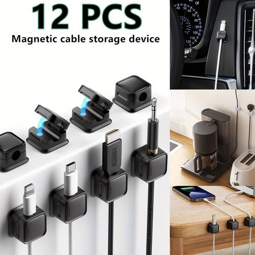 12pcs black magnetic cable organizers adjustable management clips for desk office durable abs wire holder for usb phone cables smooth nightstand