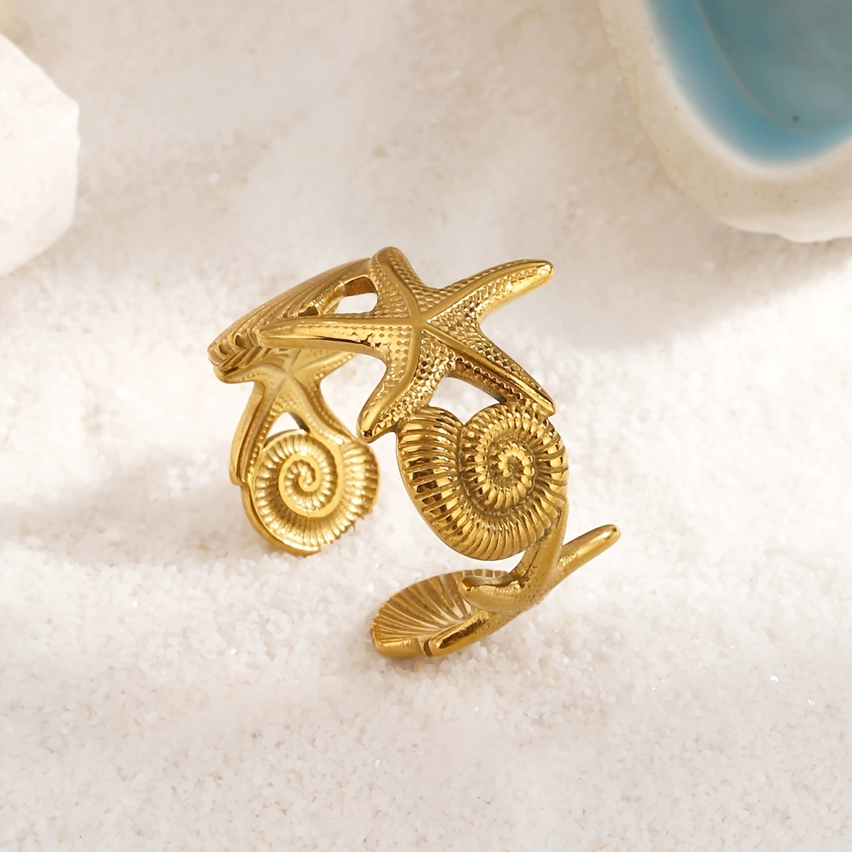 Women's Open-Adjustable Starfish & Seashell Ring