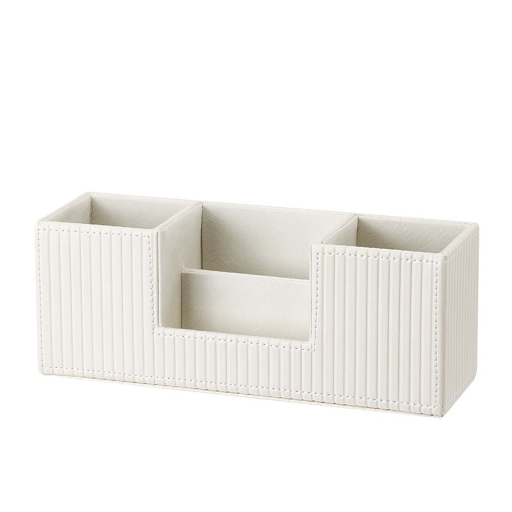 TEMU 1pc Elegant Light Luxury Vertical Striped Pu Leather 4-compartment Cosmetic Storage Box, Dual Pen Holder For Office Stationery & Business Cards,