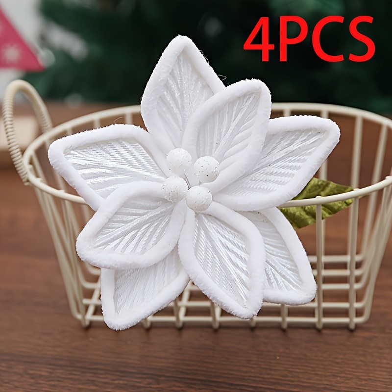 TEMU 4pcs 4pcs Poinsettia Artificial Flowers With Stems - 3.9inch Realistic Suitable For Xmas Tree Wreath Garland Tabletop Decor, Pre-decorated For