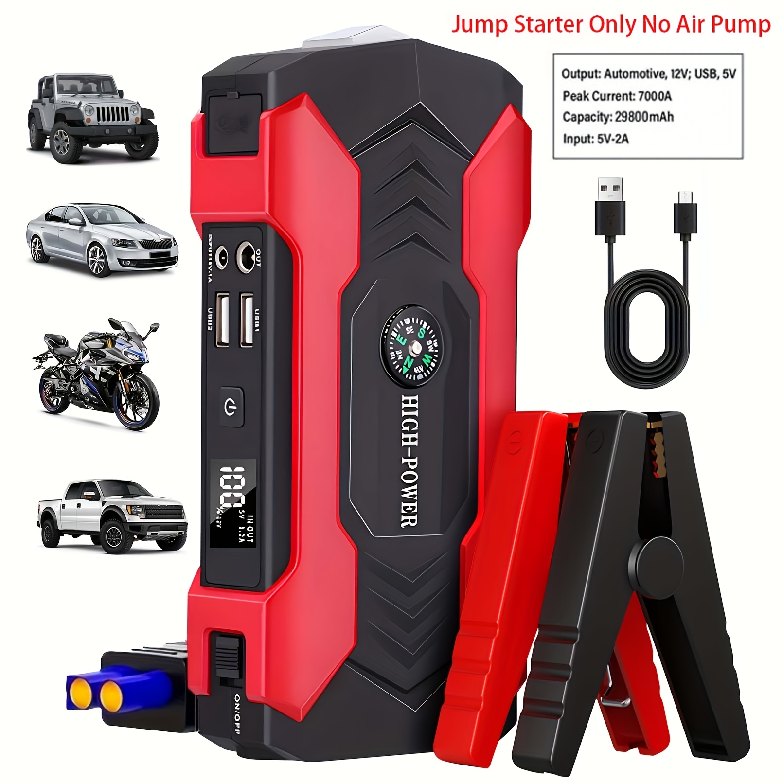 TEMU 7000a Car Jump Starter Optional 7000a Jump Starter With Air Compressor, Jump Starter Para, Car Additions Tools, Led Light, Tire Inflator Battery
