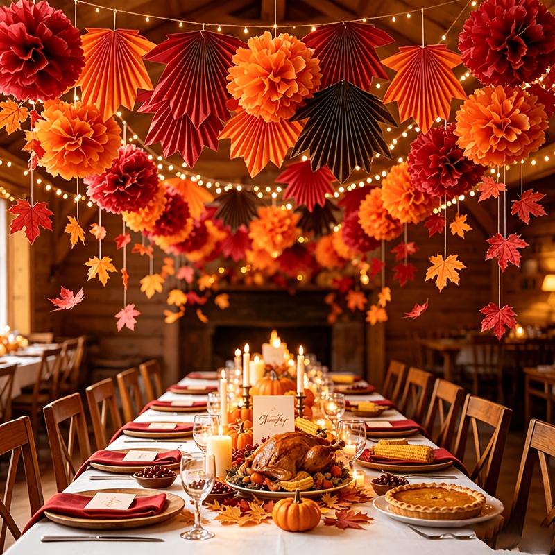 TEMU Autumn Hanging Paper Decoration Set, Including Multi-sized Maple Leaf-shaped Paper Fans And Vintage-style Warm- Paper Pom-poms In Wine Red,