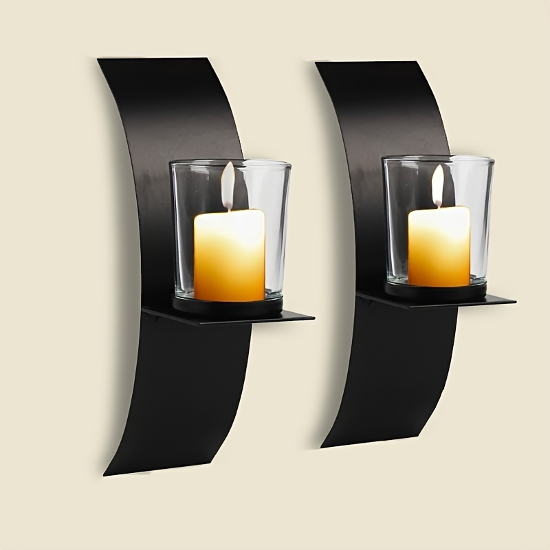 

Set Of 2 Wall-mounted Candle Holders - Black Metal 3d Curved Sconces For Home & Wedding Decor, Powder Coated Finish, Family-themed, Compatible With Easter, Hanukkah, Graduation, 4th Of July, Diwali