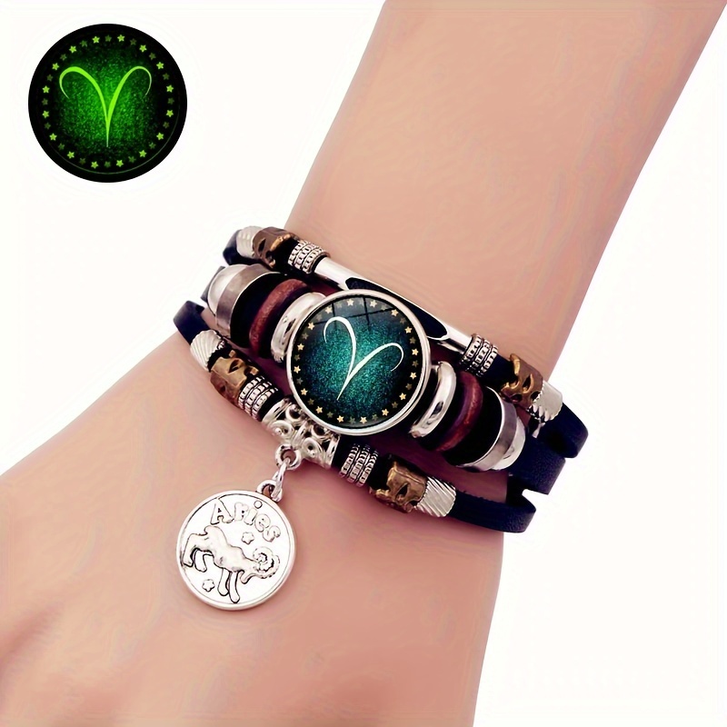 

1pc Luminous Twelve Constellation Pu Leather Bracelet, Fashion Punk Style Multi-layer Beaded Hand Jewelry, Birthday Gift