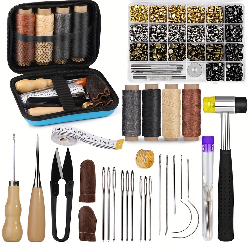 

Wuturee Professional Leather Tools Kit With Waxed Thread Double Cap Rivets Tubular And Rubber Hammer Fixing Tools For Diy Leather Craft Clothes Shoes Decoration And Repair