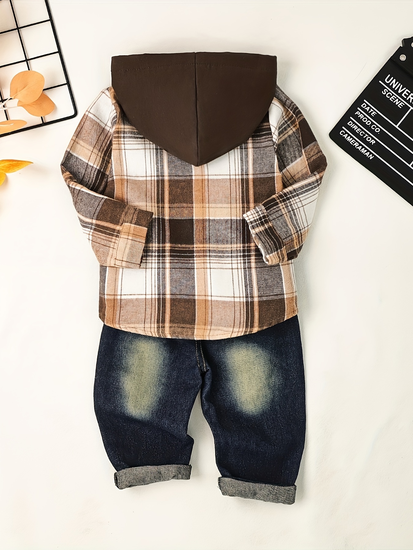 Boy Clothes Toddler Boy Fall Outfits Winter Long Sleeve Plaid Hooded Sweatshirt Pocket Ripped Holes Jeans Clothing Set Dark Khaki 12Months-5T, for Outdoor - Image 6