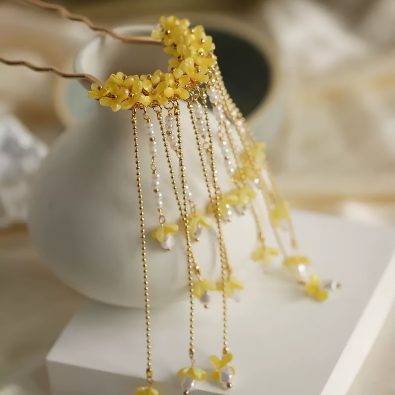 Chinese-style osmanthus and imitation pearl tassel hairpin in yellow Amazon.com : 5 Pcs Flower Chinese Tassel Hair Stick Crystal  main image 2