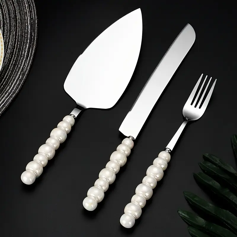 personalized and elegant stainless steel cutlery set with pearl ceramic handle 2 4 cake knife spatula fork set with gift box suitable for kitchen hotel parties birthdays weddings gifting golden and silvery Product details 2