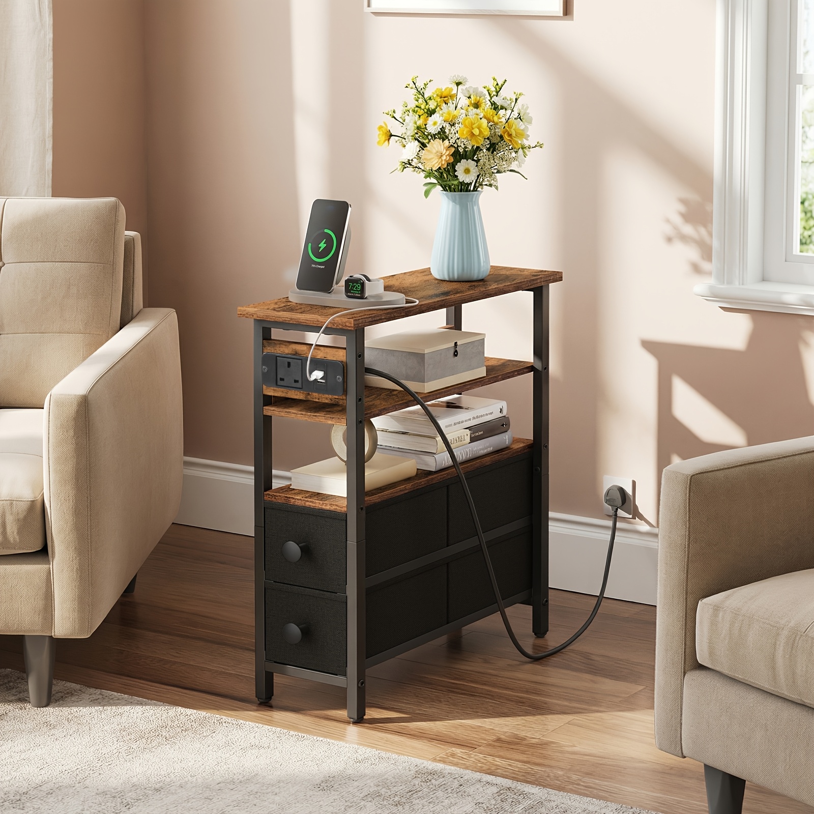 TEMU Side Table With Charging Station, Narrow Side Table With 2 Non-woven Drawers, Usb Ports And Power Outlet, 40 X 18 X 60cm Slim Bedside Table For