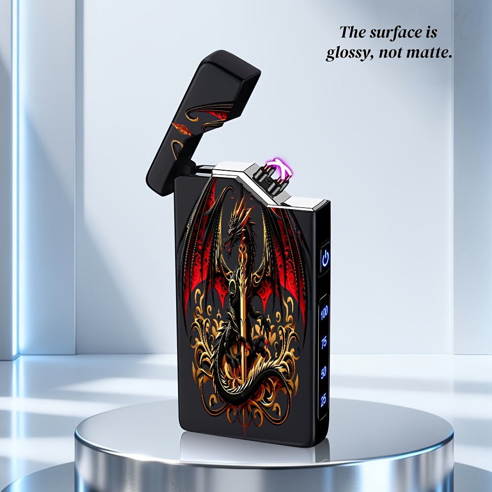 TEMU 1pc Sword And Dragon Pattern Printed Metal Electronic Lighter No Windproof Dual Arc, Usb-c Rechargeable With Power Display, Suitable For Daily