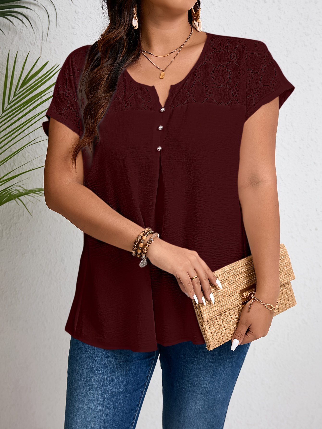 Women'S Plus Size Casual Top - Elegant Maroon Blouse with Contrast Lace Detail, Non-Stretch Fabric, Perfect for Spring/Summer/Fall, Plus Size Blouses