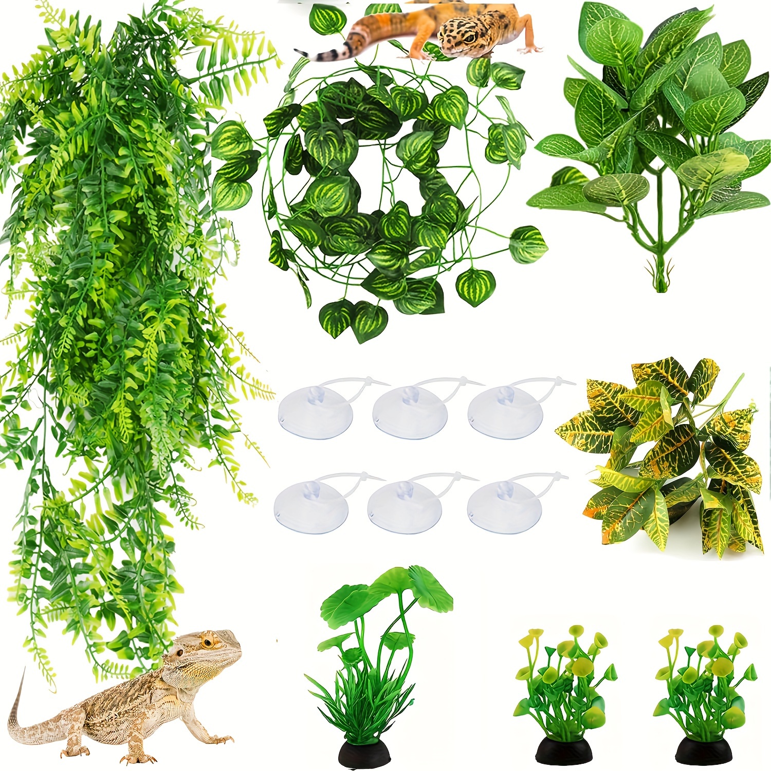 

13pcs/set Reptile Habitat Decor Set, Artificial Hanging Plants & Leaves With Leopard Print Accents, Perfect For Lizard, Chameleon, & Snake Enclosures