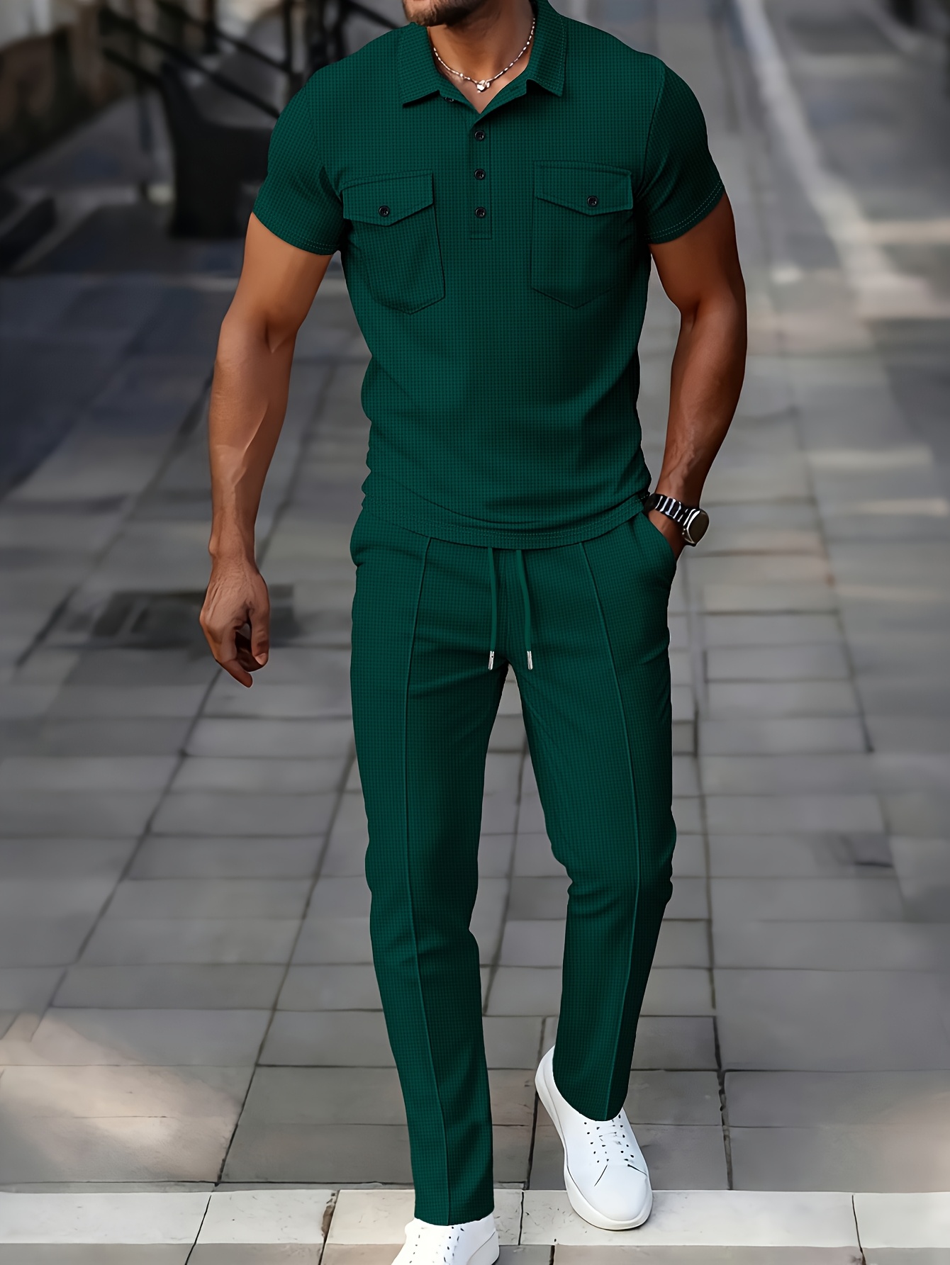 Men's 2pcs Set, Solid Color Minimalist Black Button-Up Short Sleeve Shirt with Two Pockets and Collar + Drawstring Waist Pants, Men's Spring/Summer Casual Vacation Daily Wear