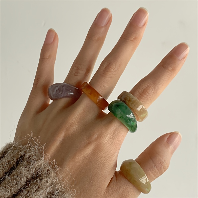 

5-piece Set Vintage Geometric Colored Resin Rings With Golden Foil Inlay, Gradient Texture, Stackable Assorted Sizes Unique Handcrafted Marbling