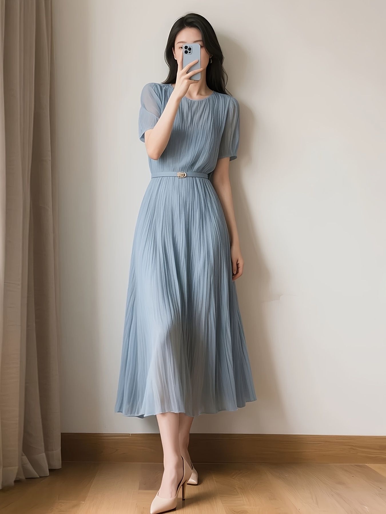 strapless open back dress Scoop Neck Balloon Sleeve Sweater Dress Clear Blue Sky main image 0