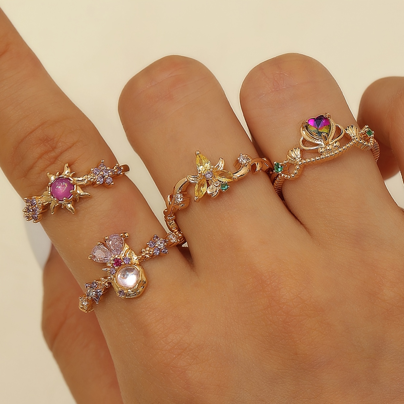 TEMU 4pcs Sun, Heart, Flower Princess Open Rings With Colorful Rhinestones And Cubic Synthetic Zirconia For Women, Fashionable, Elegant, Cute, Fairy