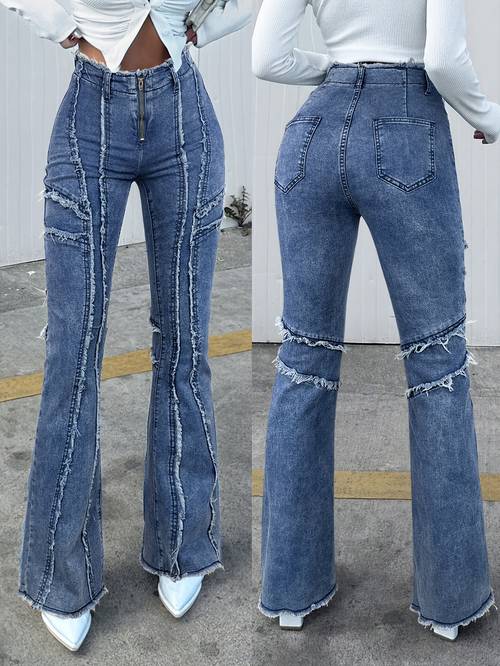 womens vintage washed blue distressed denim jeans stretchy fit streetwear with frayed hem 65 cotton