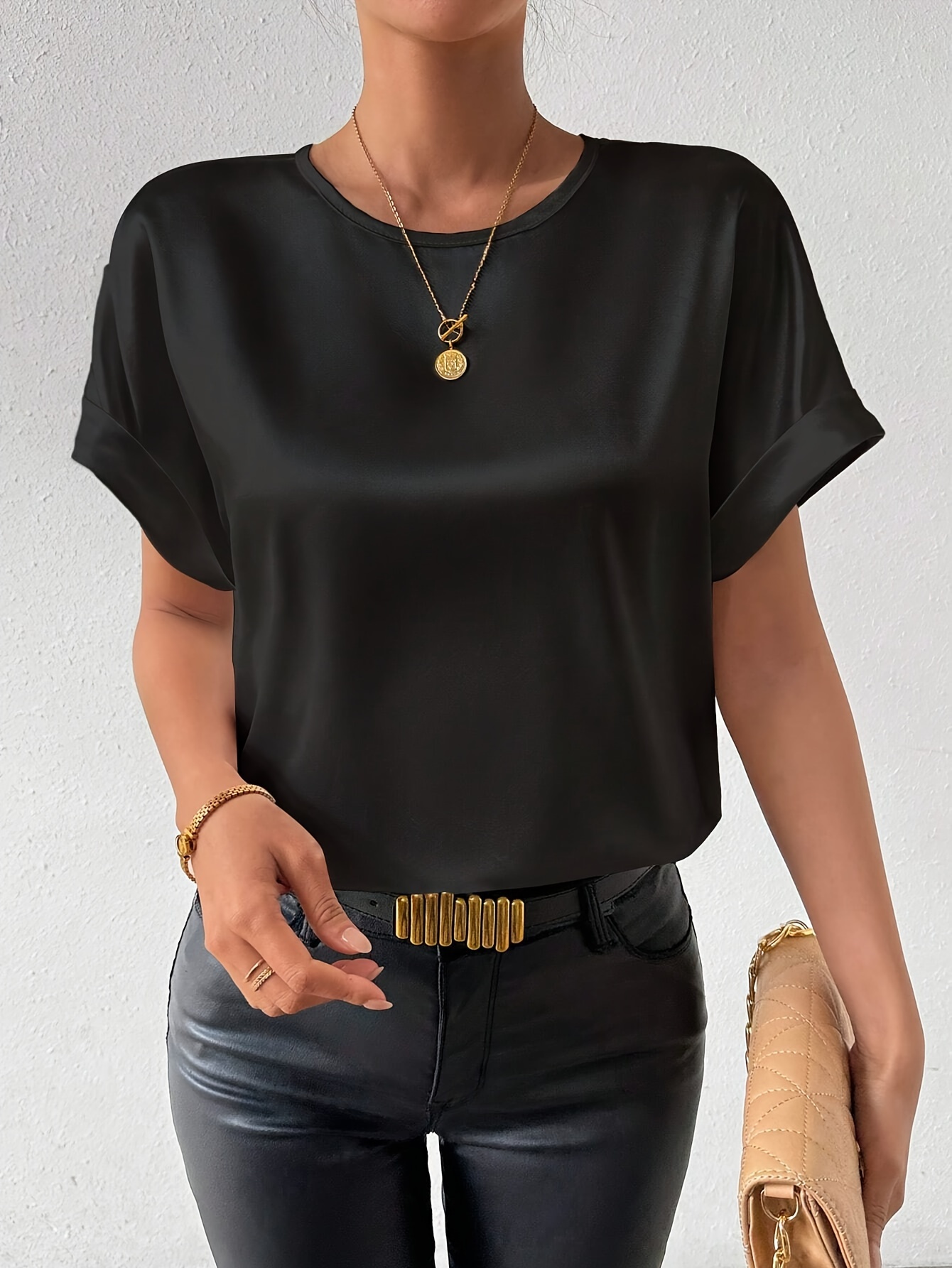 Women's Batwing Short Sleeve Round Neck Blouse - Elegant Solid Color Non-See-Through Shirt, Machine Washable Lightweight Top for Spring Summer Fall, Versatile Casual & Formal Wear, Seasonal Fashion, Sophisticated Casual, Nonseethrough Fabric