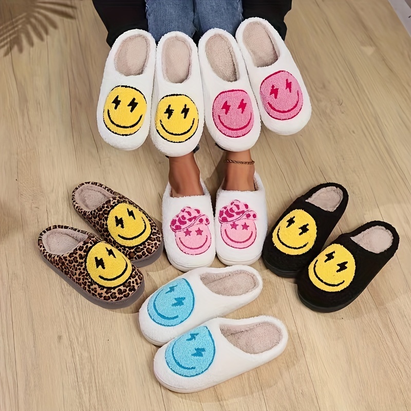 

Smile Face Plush Home Slippers, Cozy & Warm Closed Toe Soft Sole Winter Shoes, Comfortable Indoor Floor Slippers