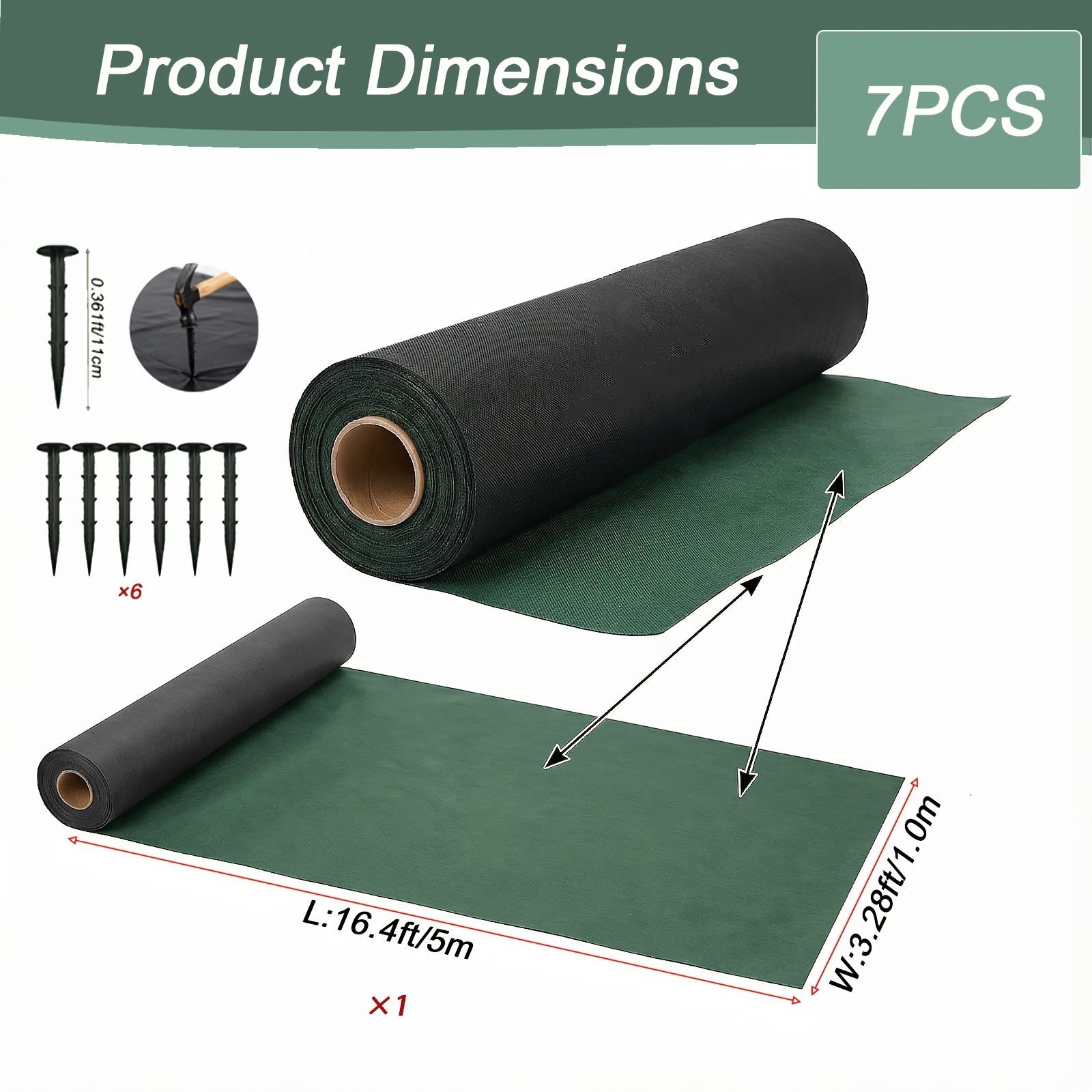 E-shop 7-teiliges verdicktes Gartenmatte-Basisgewebe 0,6/0,8/1 x 5 Meter mit 6 Pfählen, doppelseitige Gartenmatte - Strapazierfähiges Bodengewebe,