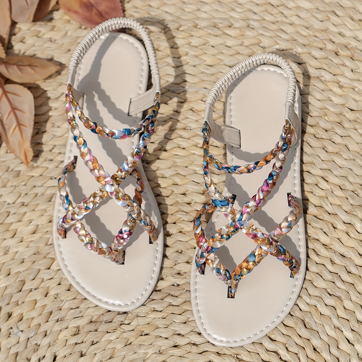 womens bohemian flat sandals colorful braided straps open toe rubber sole synthetic insole   beach and   footwear bohemian style rubber sole sandals Product details 4