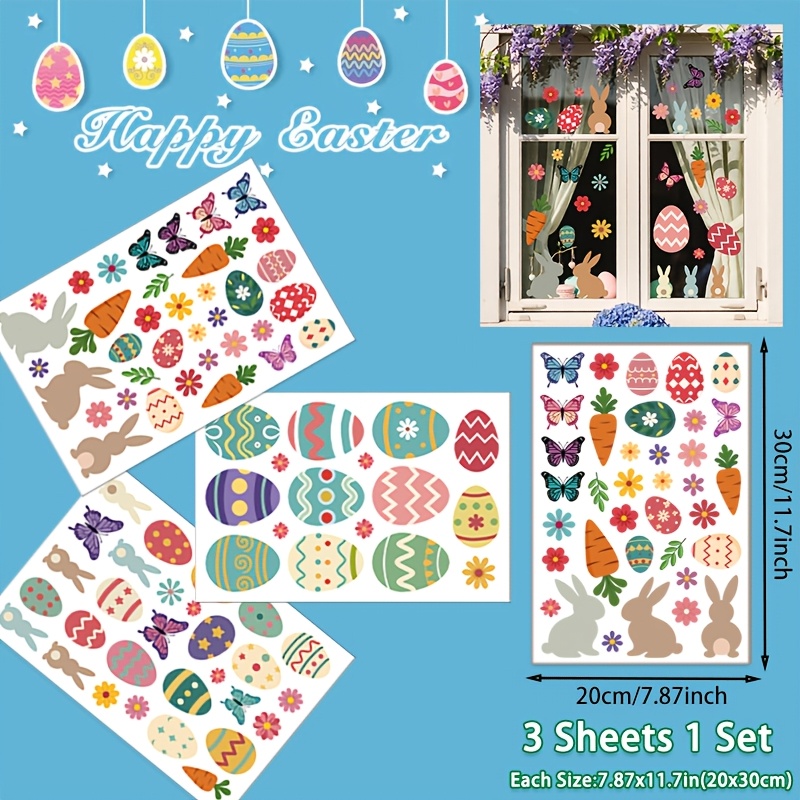 Image of 3 Sheets Easter Window Clings, Eggs Flowers Rabbit Sticker For Glass, Refrigerator Decals Decor, Double-sided Window Stickers For Decoration, For Home Office Accessories Party Supplies