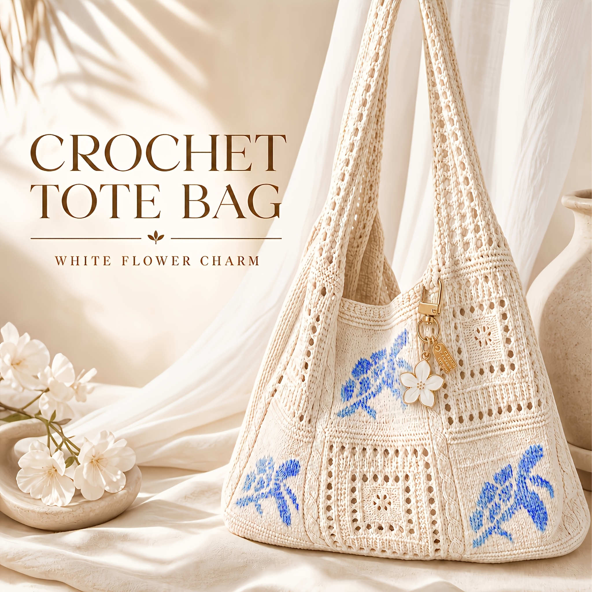 TEMU 1pc Bohemian Crochet Tote Bag And 1pc Creative Flower Pendant, Travel-friendly - Large Capacity Bag With , Beige Crossbody/handbag For Seaside ,