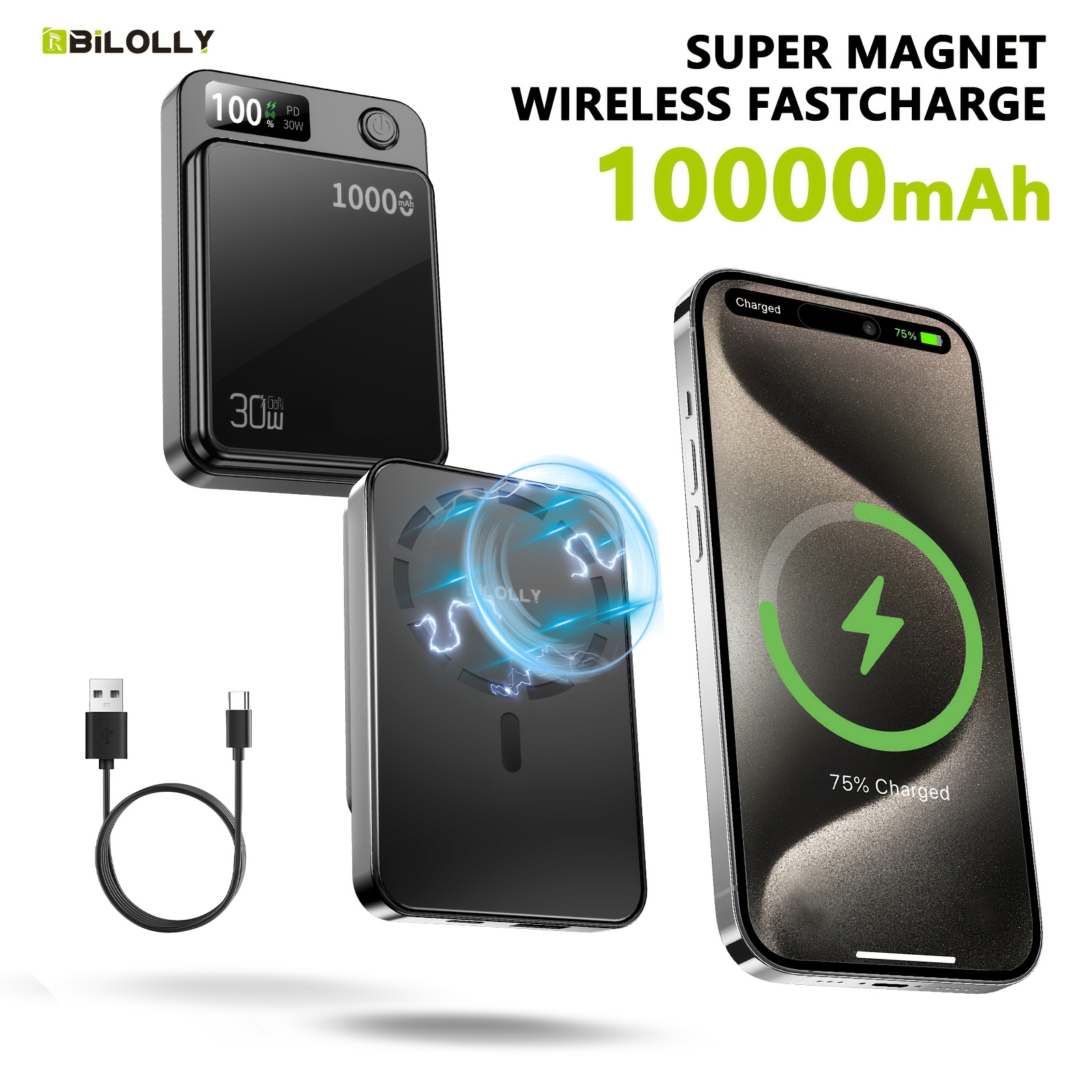 TEMU Magnetic Wireless Portable 10000/6000mah Battery Pack, Magnetic Wireless Power Bank, 15w Wireless Charging, 30w/22.5w Pd Fast Charging, Led